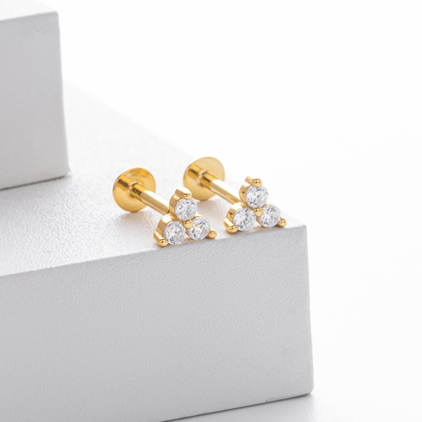 CZ Trio Internally Threaded Flat Back Stud Earrings in Sterling Silver, CZ Three Dot Trio, Piercing Jewellery