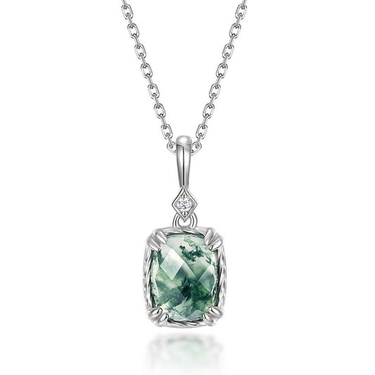 Cushion Cut Green Moss Agate Pendant Necklace - Minimalist Solitaire in 925 Sterling Silver