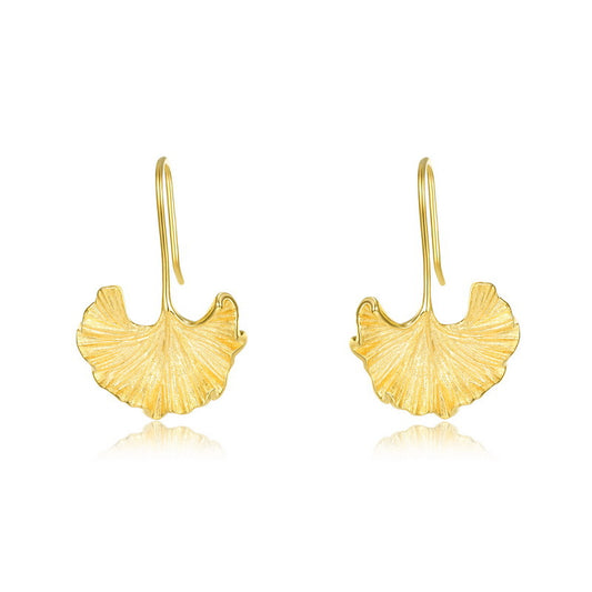 Boho Chic Ginkgo Earrings, Textured Dangle Earrings in Gold Plated Silver