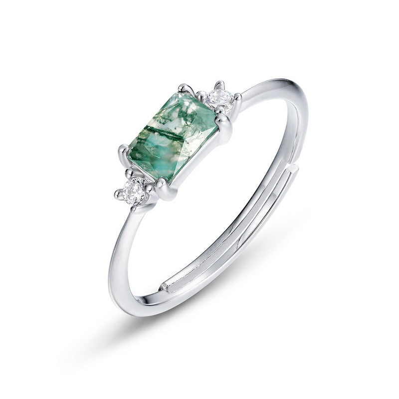 Simple Rectangle Solitaire Green Moss Agate Ring - Adjustable Minimalist Ring in 925 Sterling Silver