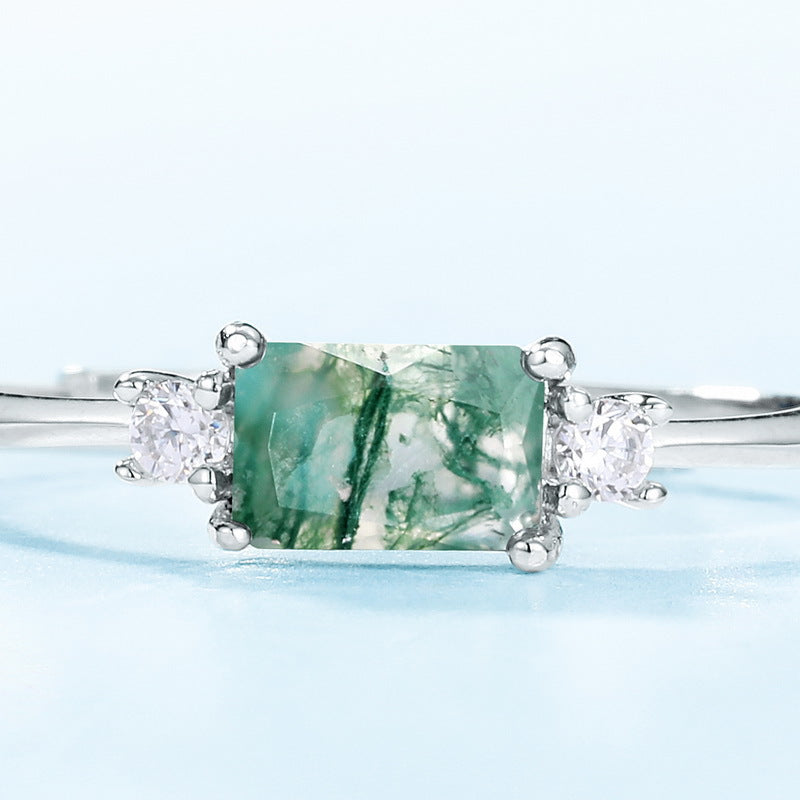Simple Rectangle Solitaire Green Moss Agate Ring - Adjustable Minimalist Ring in 925 Sterling Silver