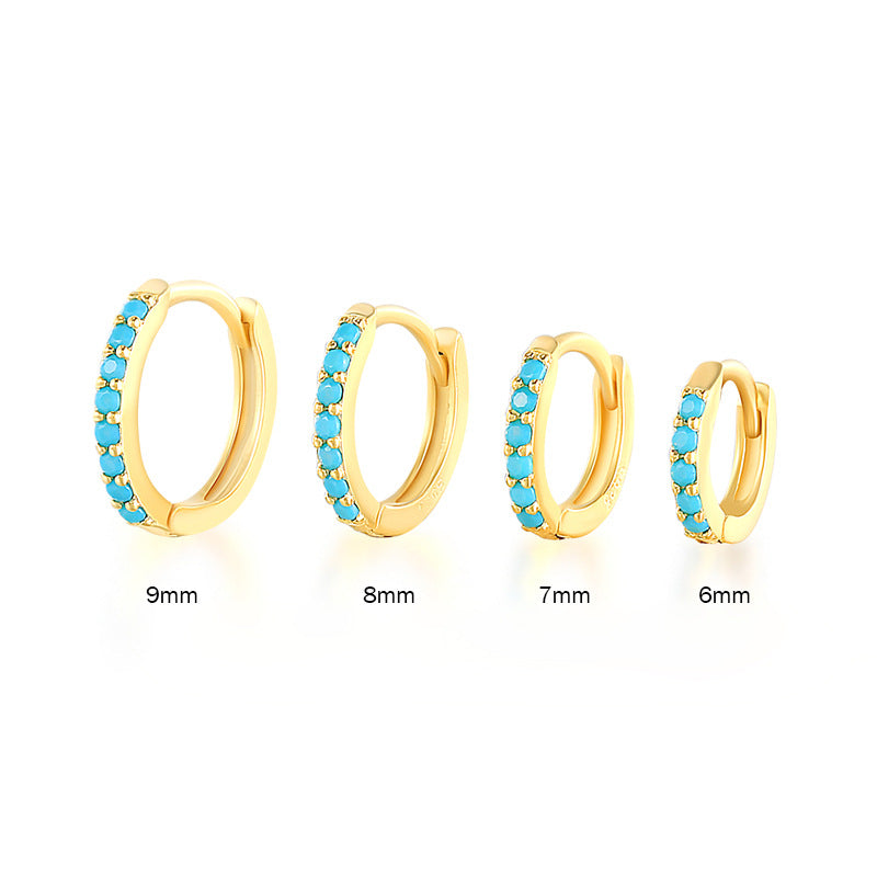 Handmade Custom 1 Pair Dainty 18kt Gold Plated Round Turquoise Huggie Hoop Earrings Minimal Fashion Boutique Brands