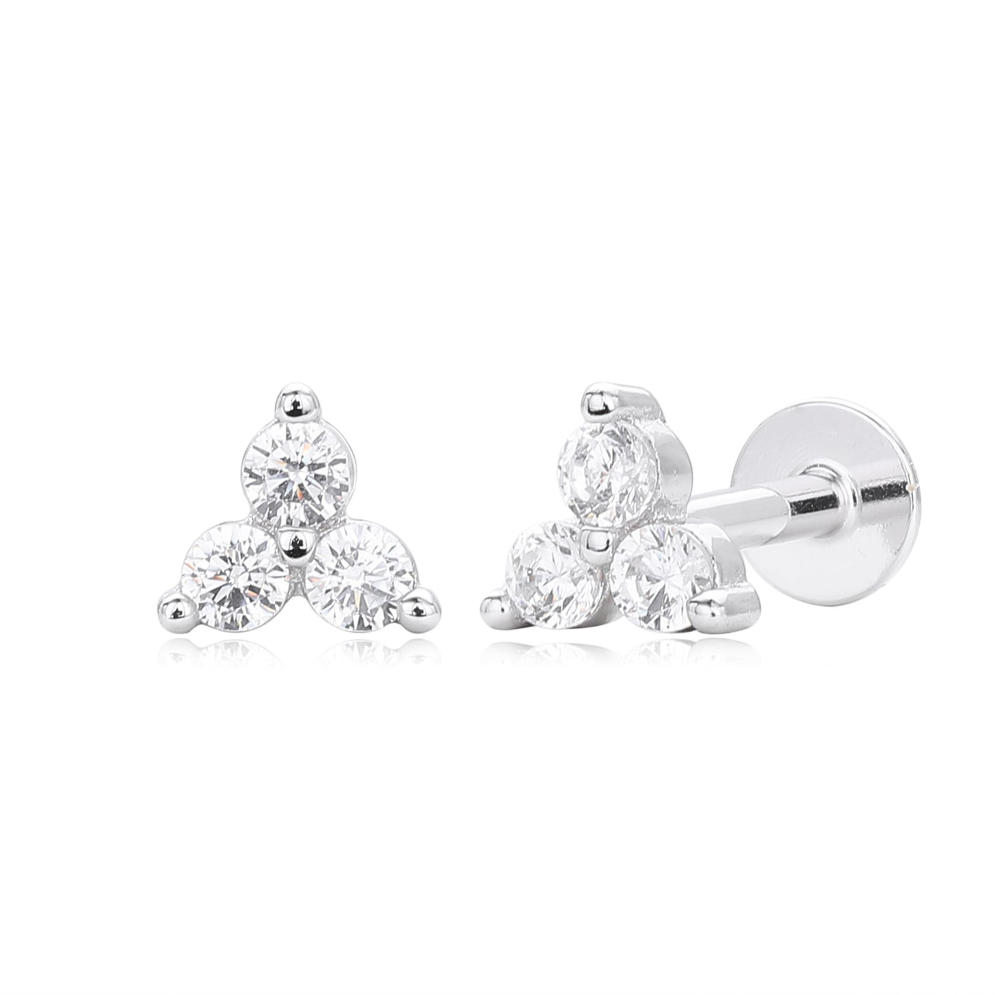 CZ Trio Internally Threaded Flat Back Stud Earrings in Sterling Silver, CZ Three Dot Trio, Piercing Jewellery
