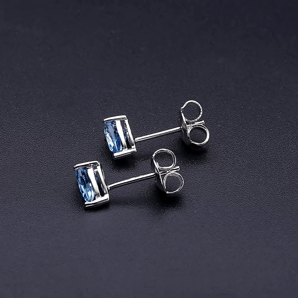 Genuine Swiss Blue Topaz Crystal Droplet Stud Earrings in Sterling Silver, Natural Blue Topaz Pear Shape Stud Earrings, March Birthstone