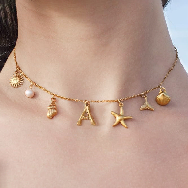 Surfer Girl Initial Necklace Waterproof Boho Gift for Women Non-Tarnish Adjustable Beach Jewelry