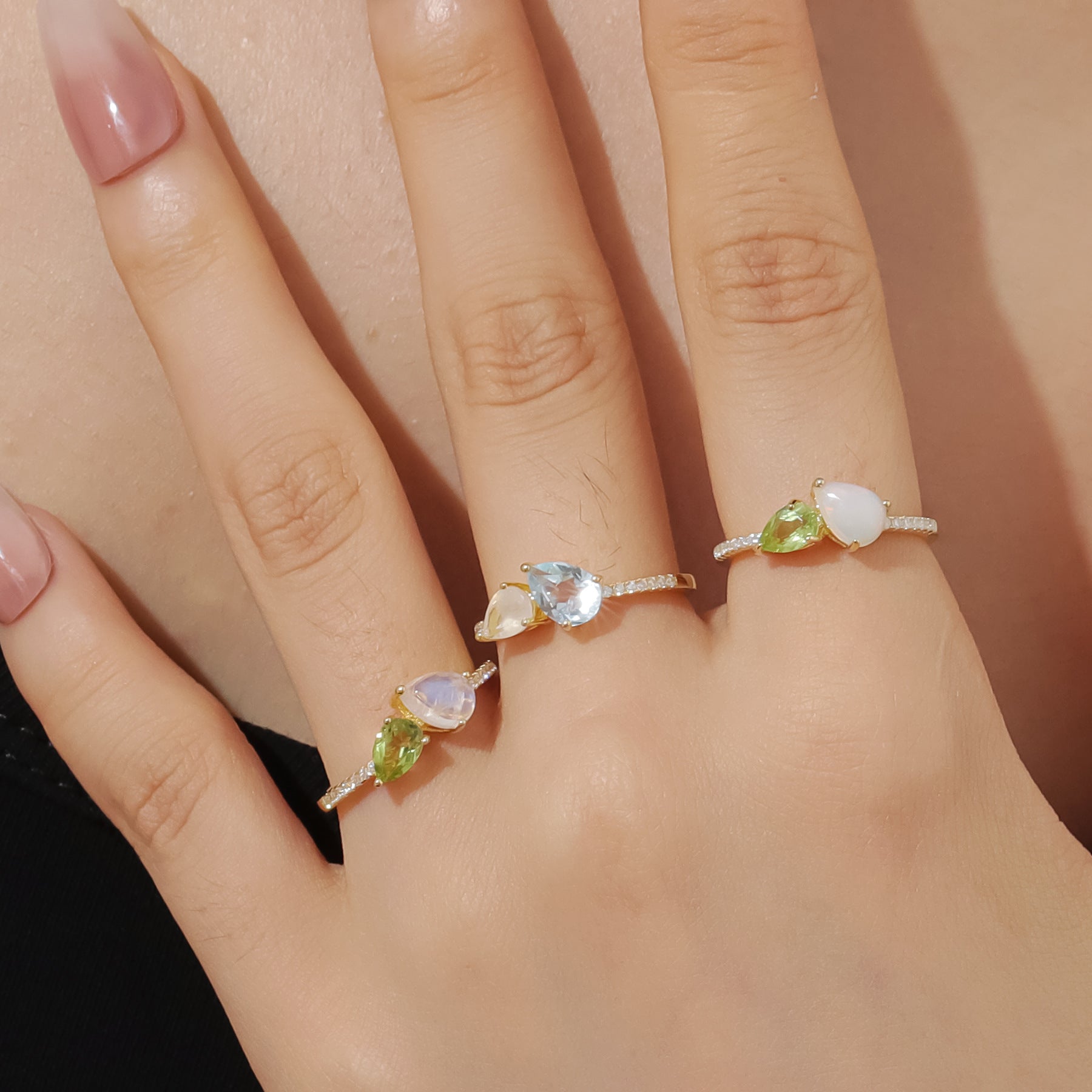 Pear Natural Moonstone Peridot Toi Et Moi Ring 925 Sterling Silver Gift for Her