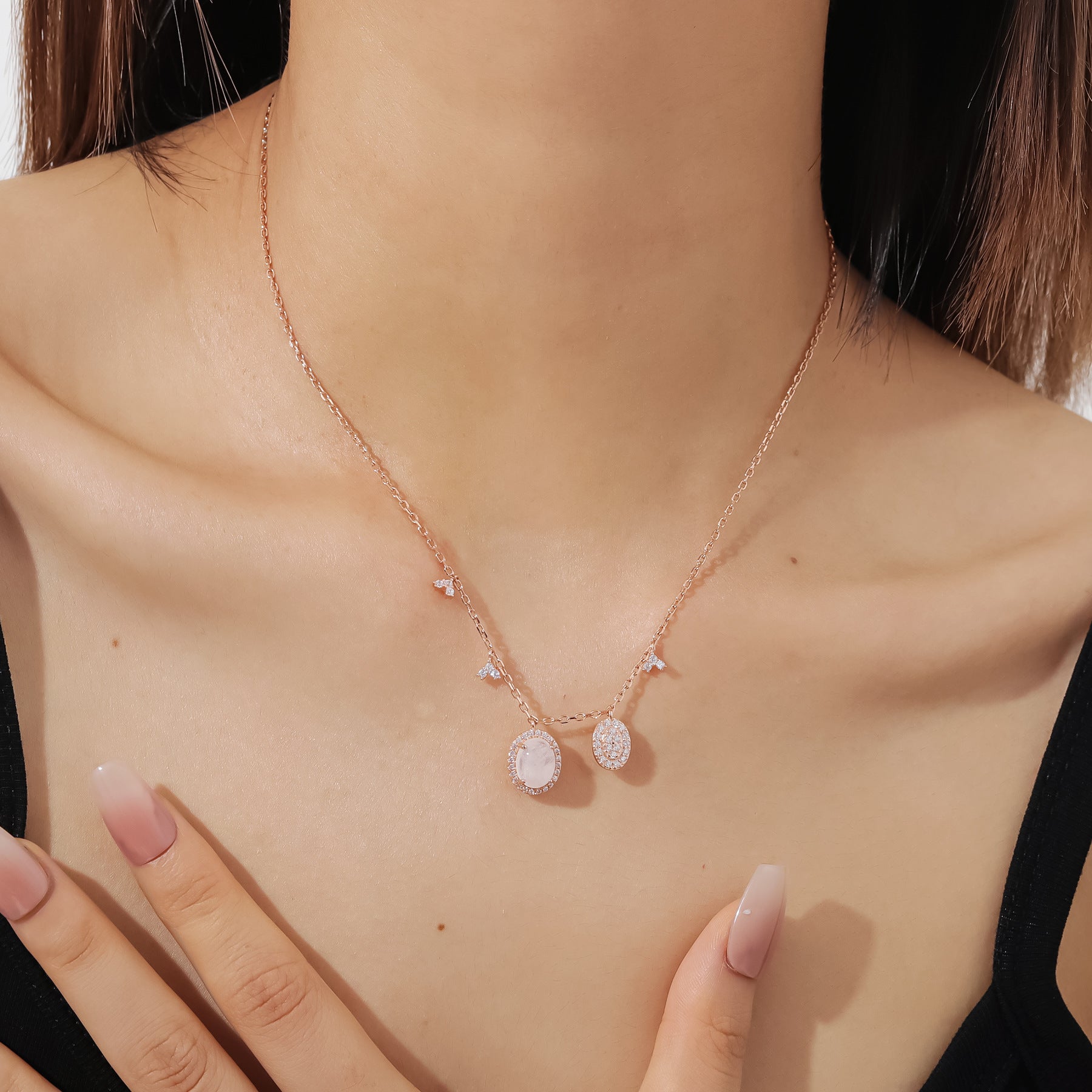 2Ct Natural Moonstone Charm Necklace 925 Sterling Silver Collarbone Chain Plated 18k Rose Gold Gift for her