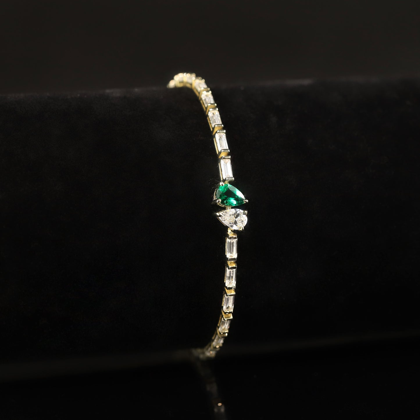 Pear Cultivated Emerald Moissanite Tennis Chain 925 Sterling Silver Bracelet Baguette Cut