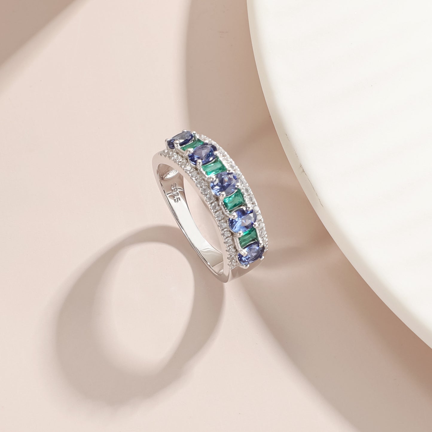Oval Natural Opal & Lab Grown Sapphire Half Eternity Ring - 925 Sterling Silver Women's Jewelry