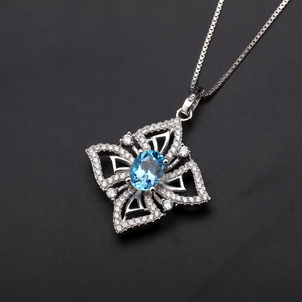 Oval Swiss Blue Topaz Halo Sterling Silver Necklace – Delicate Floral Pendant, 925 Silver Jewelry Gift for Her