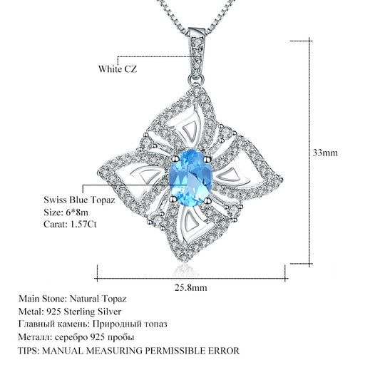 Oval Swiss Blue Topaz Halo Sterling Silver Necklace