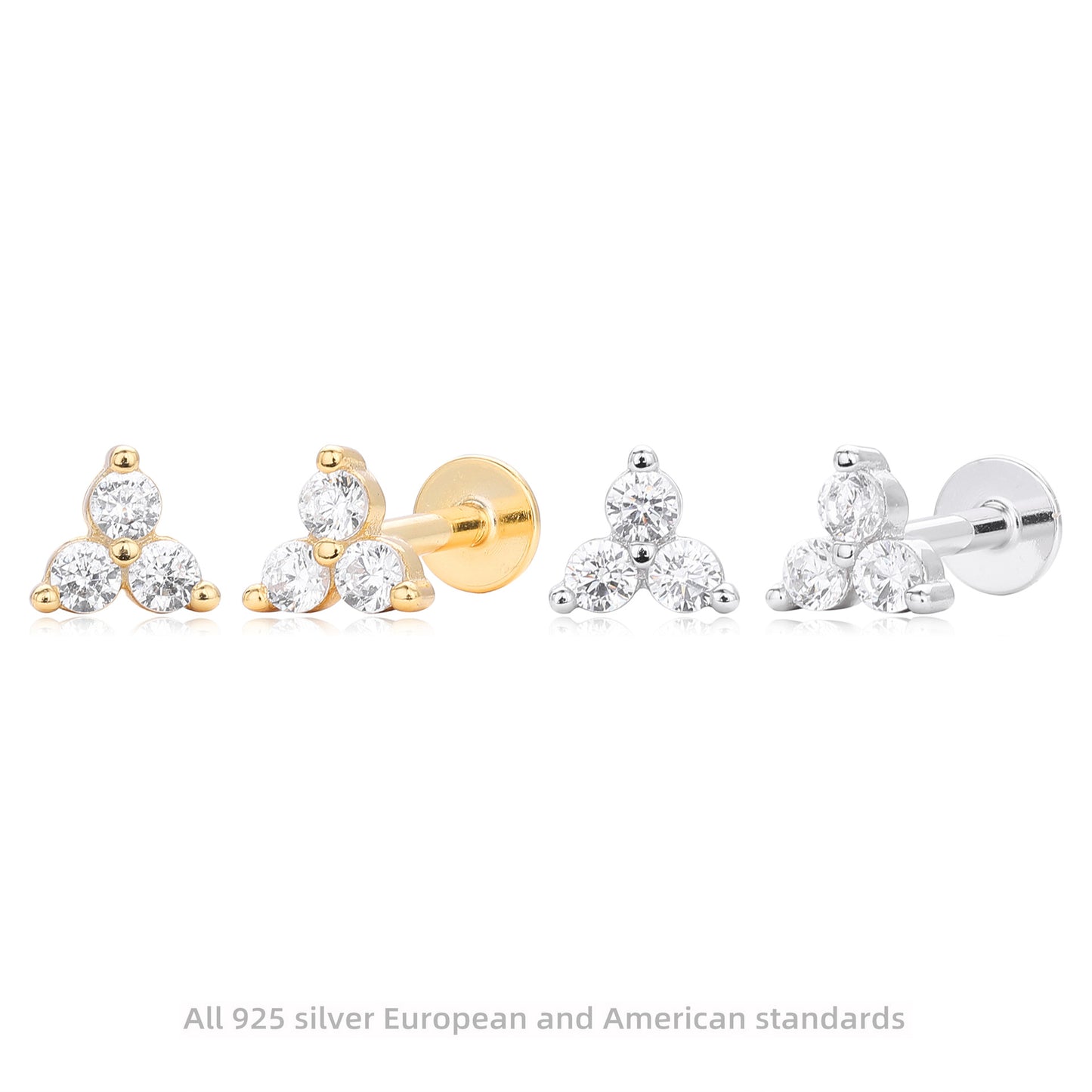 CZ Trio Internally Threaded Flat Back Stud Earrings in Sterling Silver, CZ Three Dot Trio, Piercing Jewellery