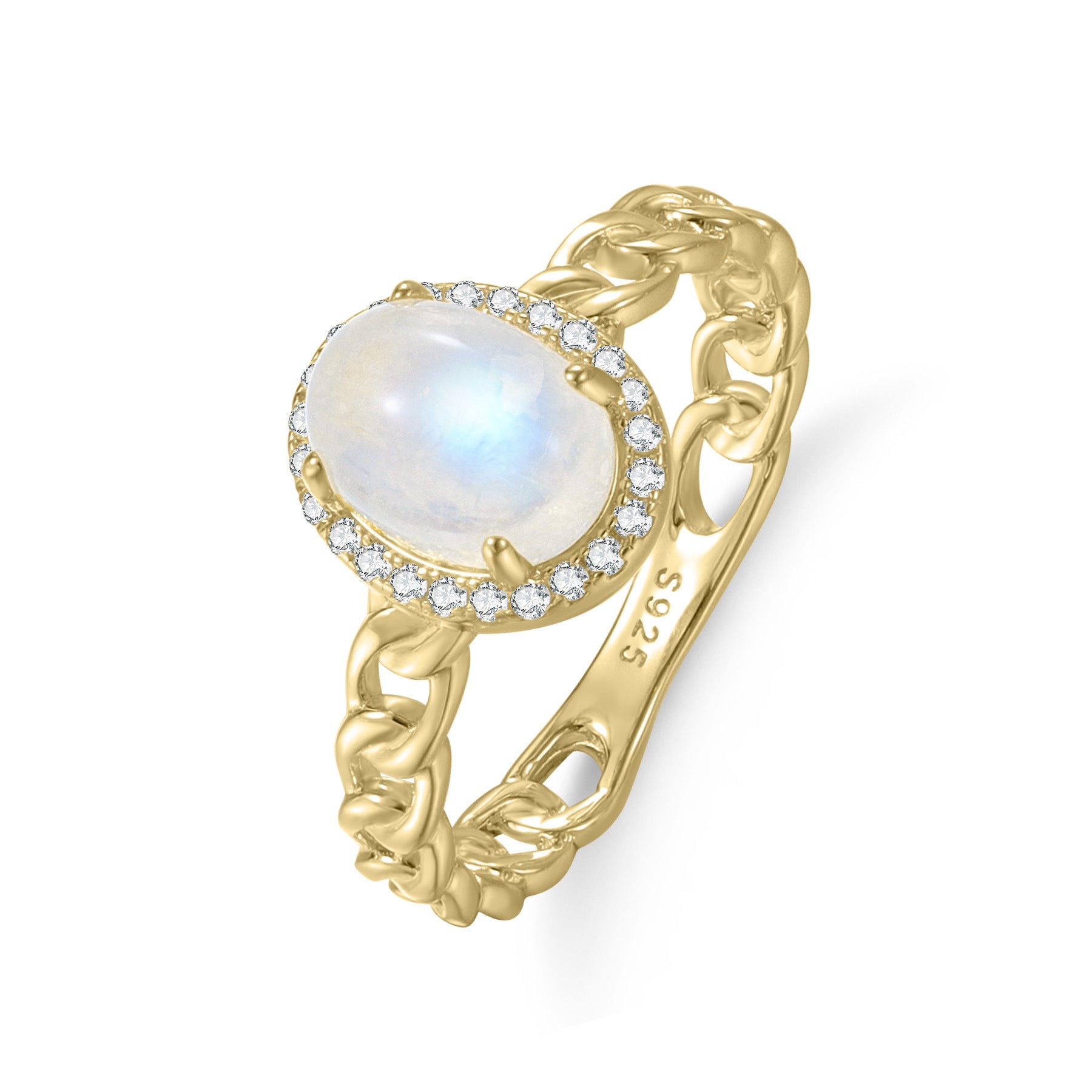 Oval Natural Cream Blue Moonstone Rings Halo Hollow Gold 925 Sterling Silver Engagement Gift