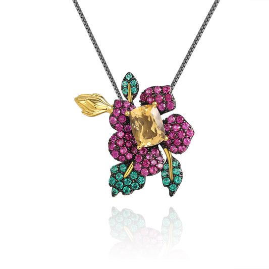 Designer Natural Citrine | Amethyst | Garnet Brooch Pendant Dual-Purpose Natural Wind Flower 925 Silver Colored Gemstone Brooch Necklace