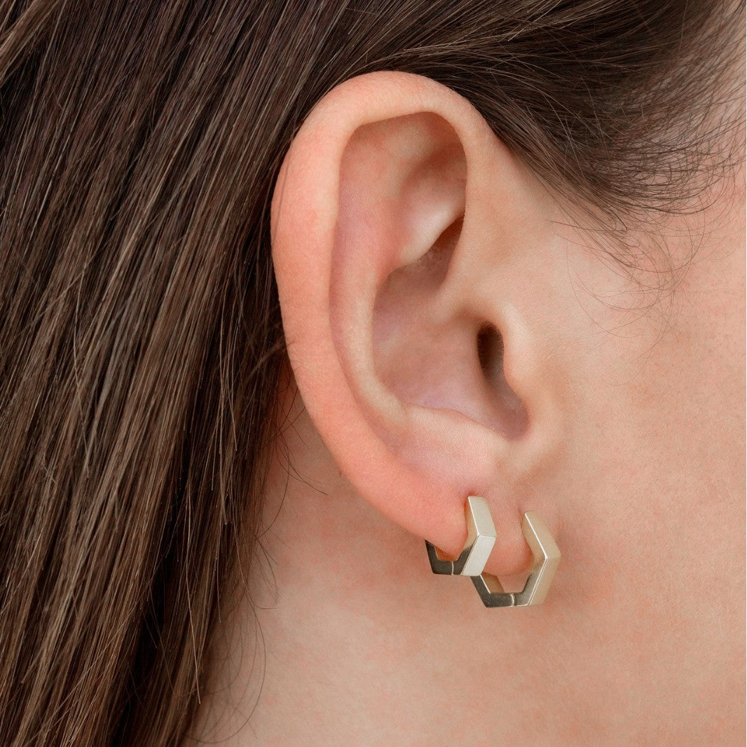 Chunky Geometric Hexagon Shaped Huggie Hoop Earrings - Two sizes available: 10 & 12 mm