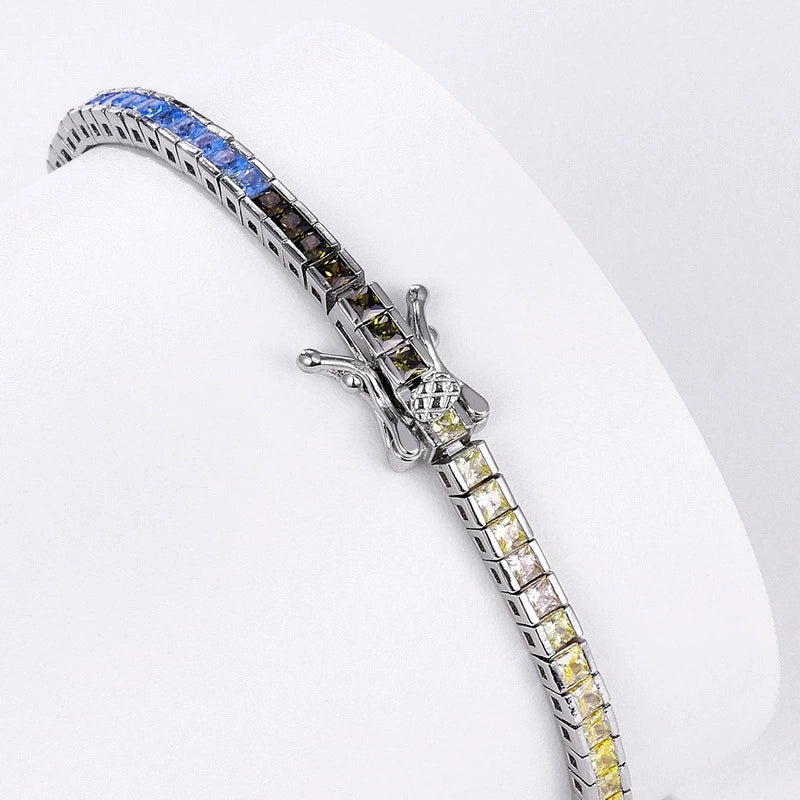 925 Silver Bracelet Tennis Chain Rainbow Square CZ