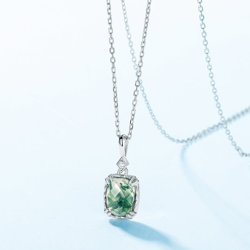 Cushion Cut Green Moss Agate Pendant Necklace - Minimalist Solitaire in 925 Sterling Silver