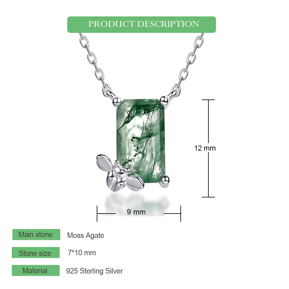 Bee & Moss Agate Pendant Necklace, 925 Sterling Silver Nature Inspired Jewelry Gift