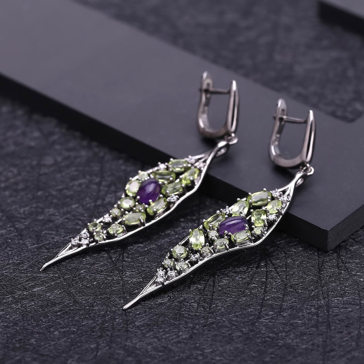 Amethyst and Peridot Leaf Earrings - Dangling 925 Sterling Silver Retro Hoops