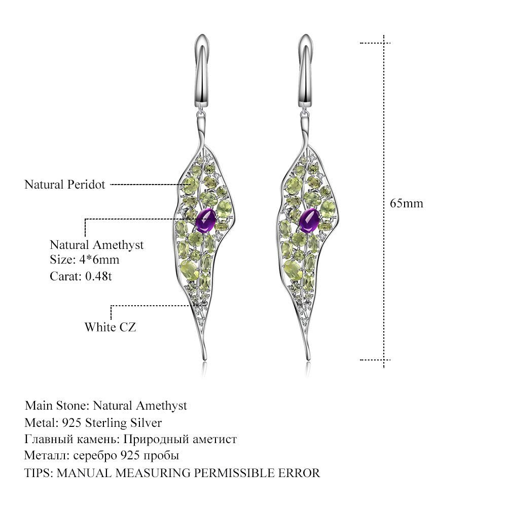 Amethyst and Peridot Leaf Earrings - Dangling 925 Sterling Silver Retro Hoops