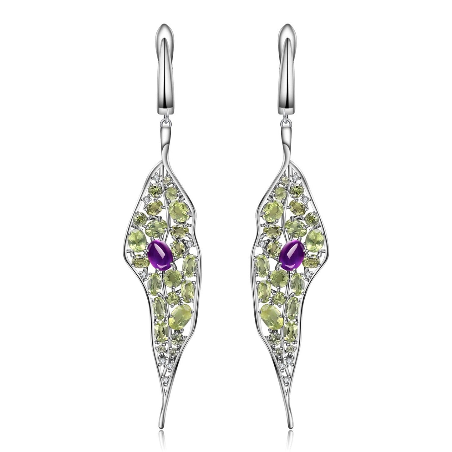 Amethyst and Peridot Leaf Earrings - Dangling 925 Sterling Silver Retro Hoops