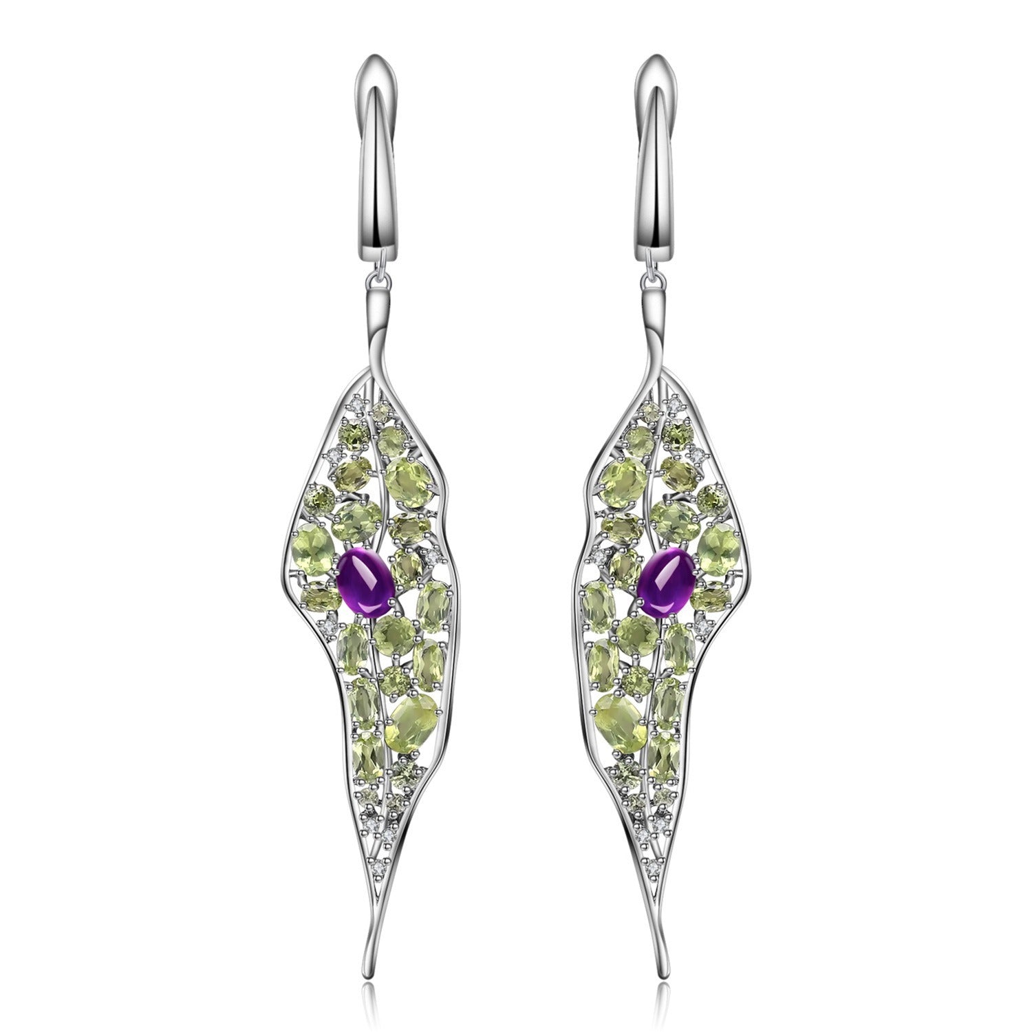 Amethyst and Peridot Leaf Earrings - Dangling 925 Sterling Silver Retro Hoops