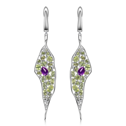 Amethyst and Peridot Leaf Earrings - Dangling 925 Sterling Silver Retro Hoops