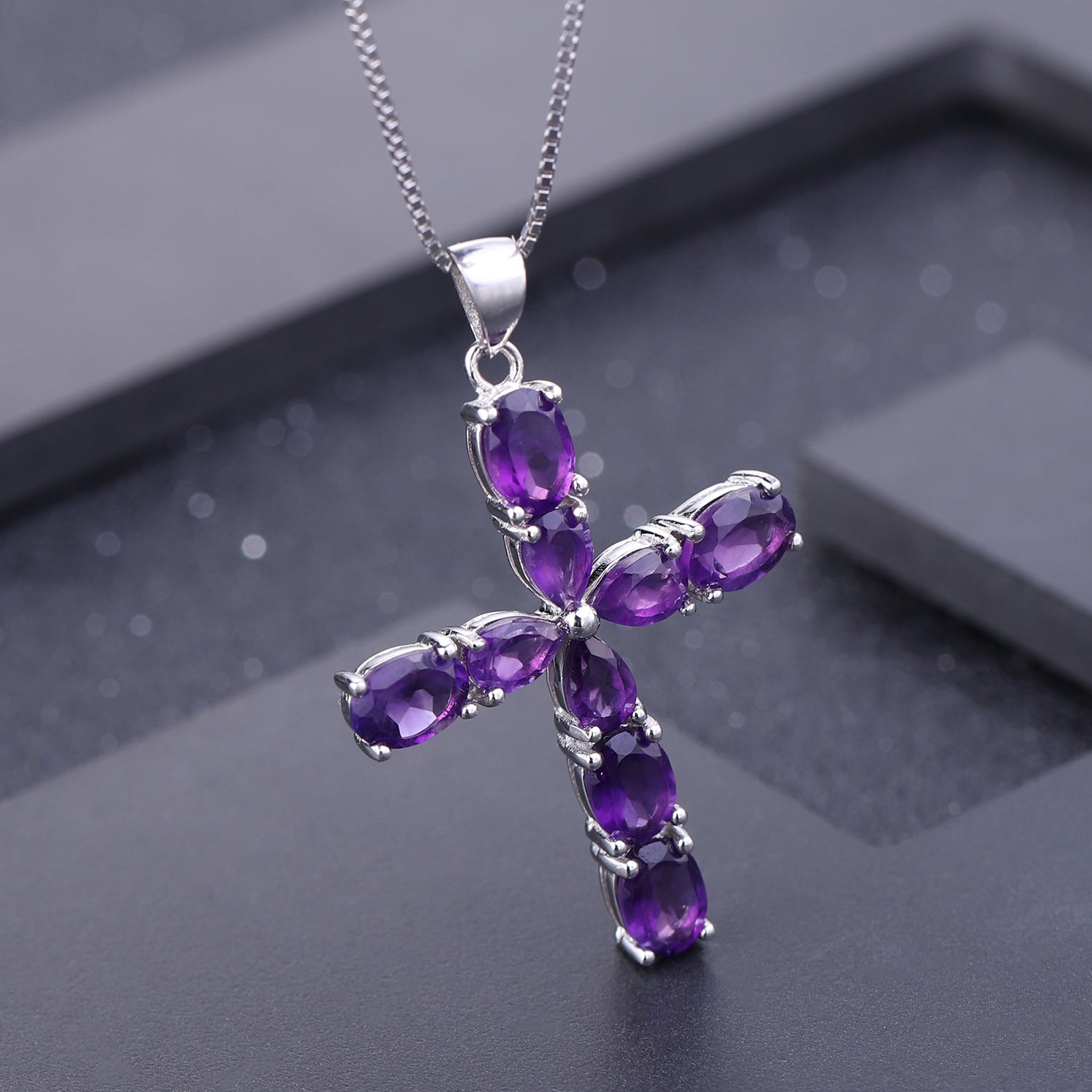 Amethyst Cross Pendant Necklace 925 Sterling Silver | Adjustable 16 - 20 Inch Chain