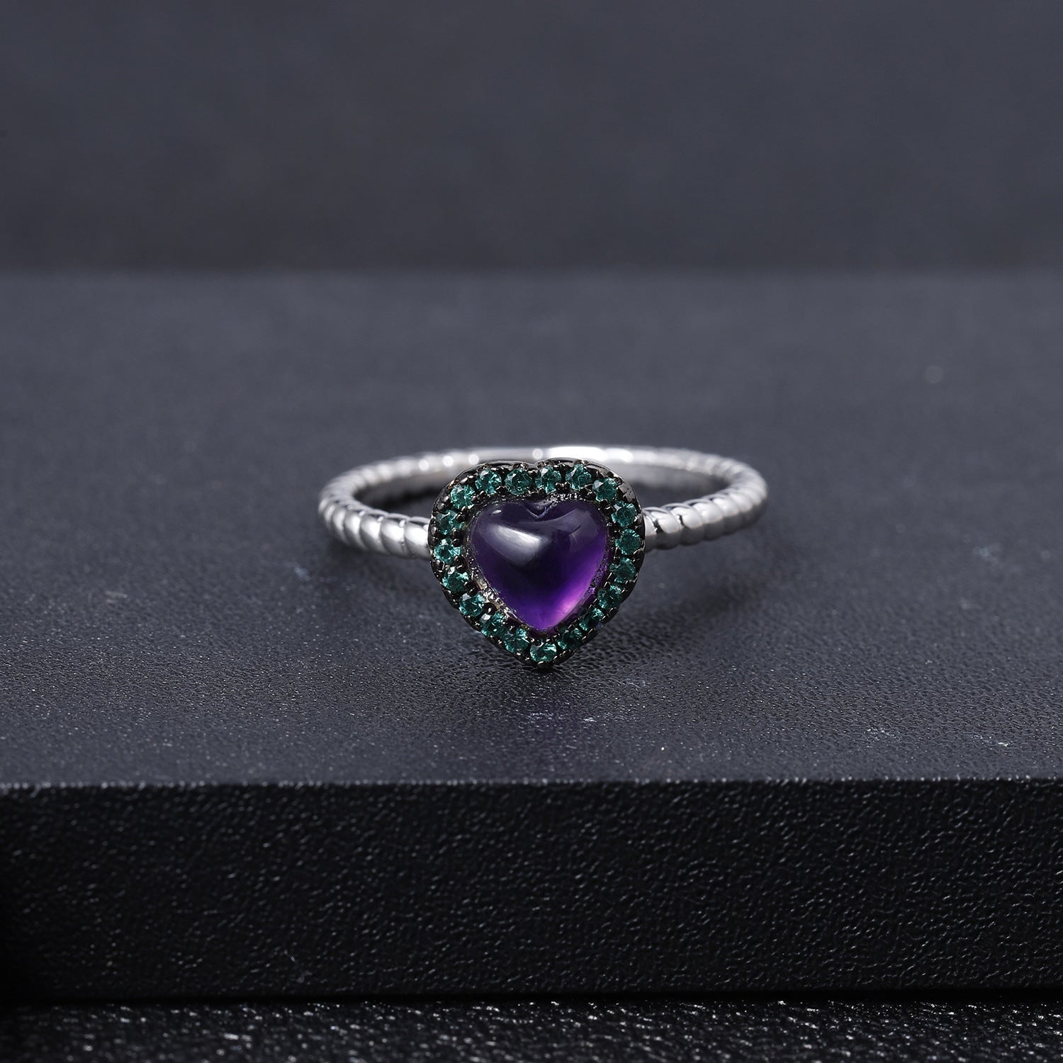 Amethyst Heart Ring Sterling Silver, 6mm Halo Gemstone Ring for Women