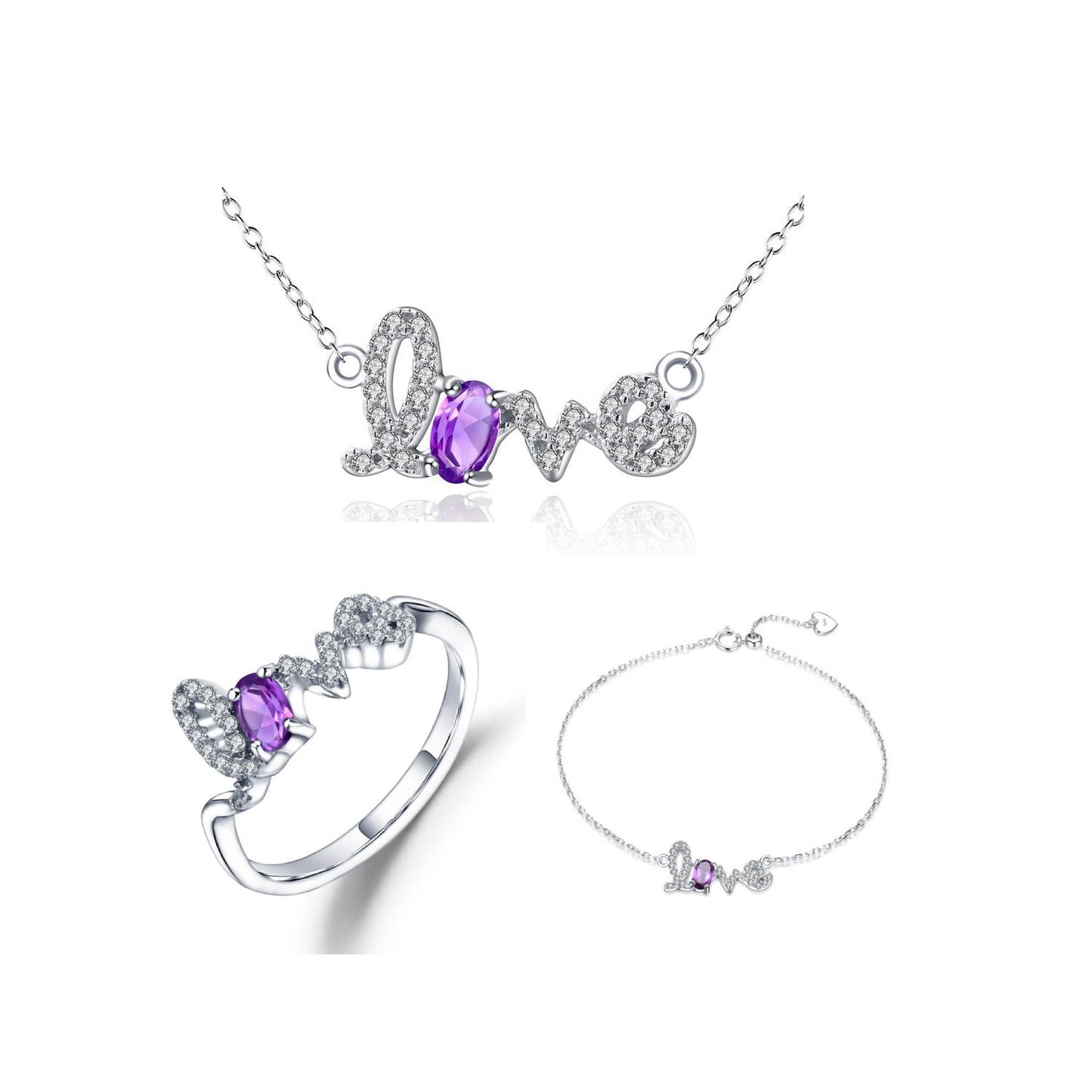 Amethyst or Garnet "LOVE" Pendant Necklace - 925 Sterling Silver, Dainty Jewelry Gift