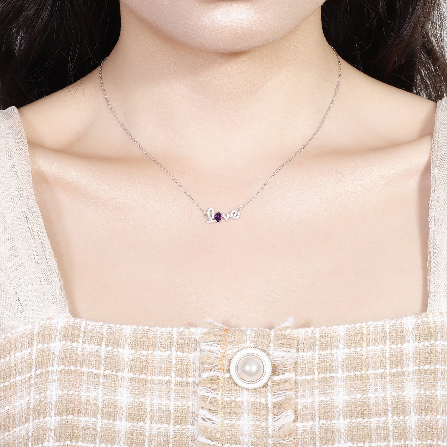 Amethyst or Garnet "LOVE" Pendant Necklace - 925 Sterling Silver, Dainty Jewelry Gift