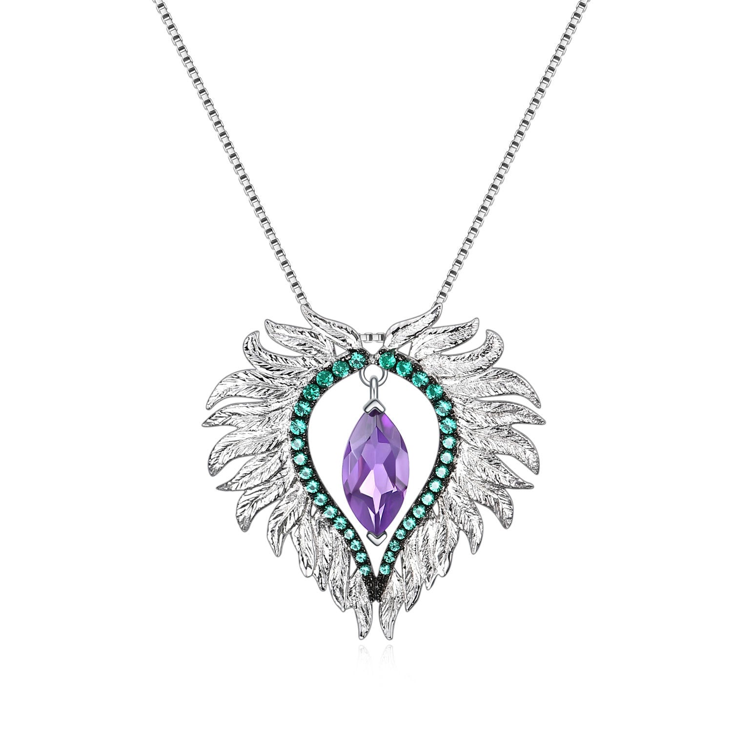 Angel Wing Pendant Necklace - 925 Sterling Silver Amethyst & Green Agate