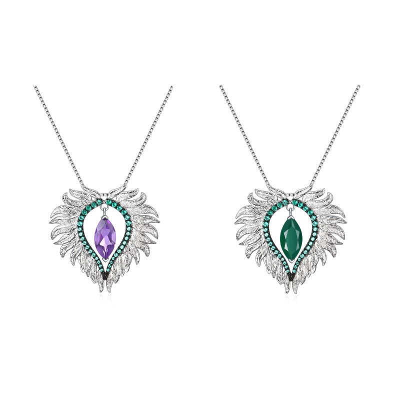 Angel Wing Pendant Necklace - 925 Sterling Silver Amethyst & Green Agate