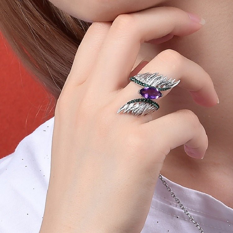 Angel Wing Ring 925 Sterling Silver | Amethyst & Green Agate Vintage Designer Ring