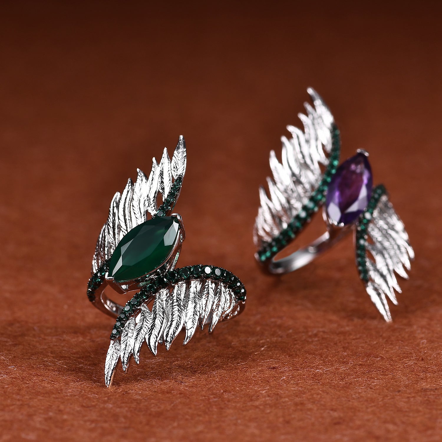 Angel Wing Ring 925 Sterling Silver | Amethyst & Green Agate Vintage Designer Ring