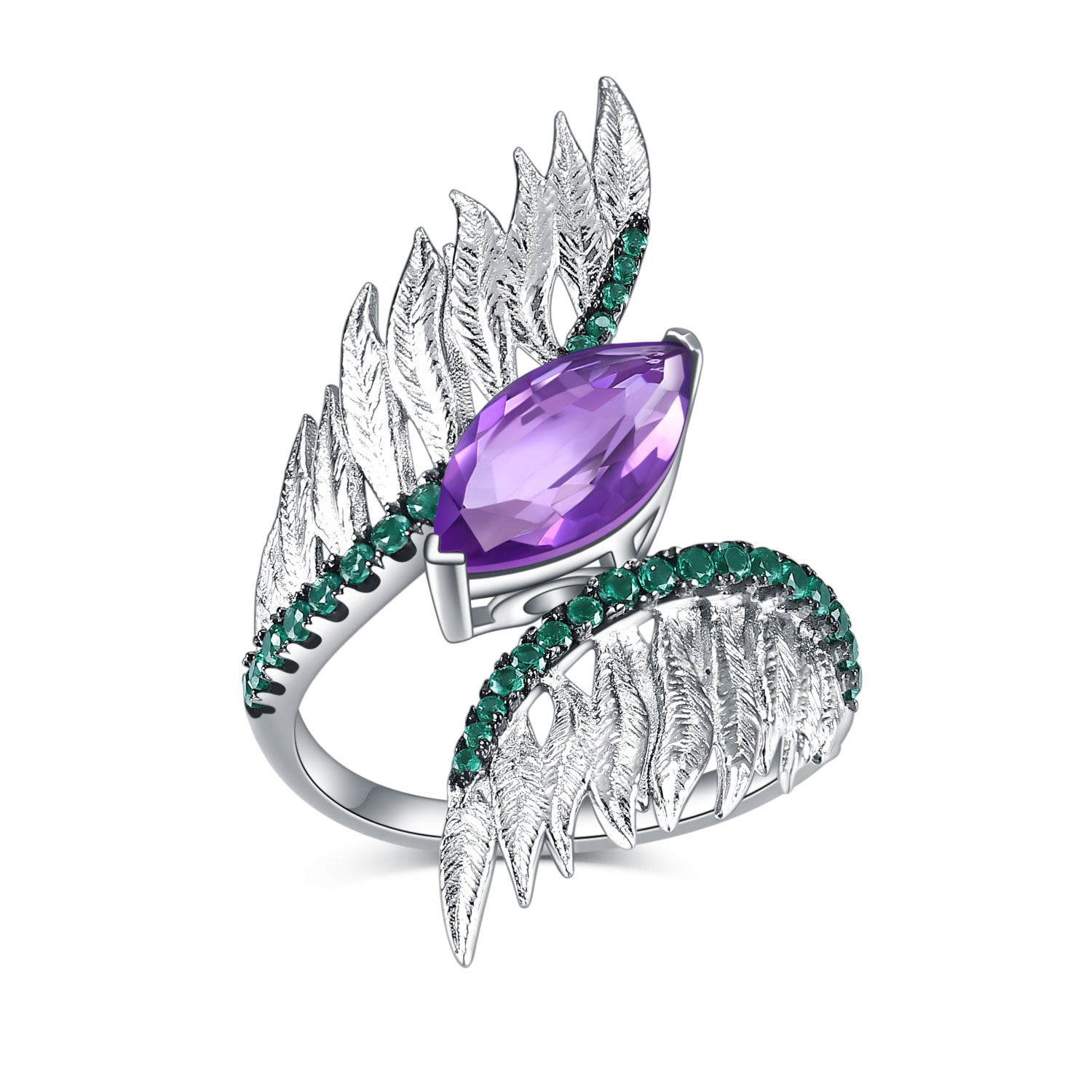 Angel Wing Ring 925 Sterling Silver | Amethyst & Green Agate Vintage Designer Ring