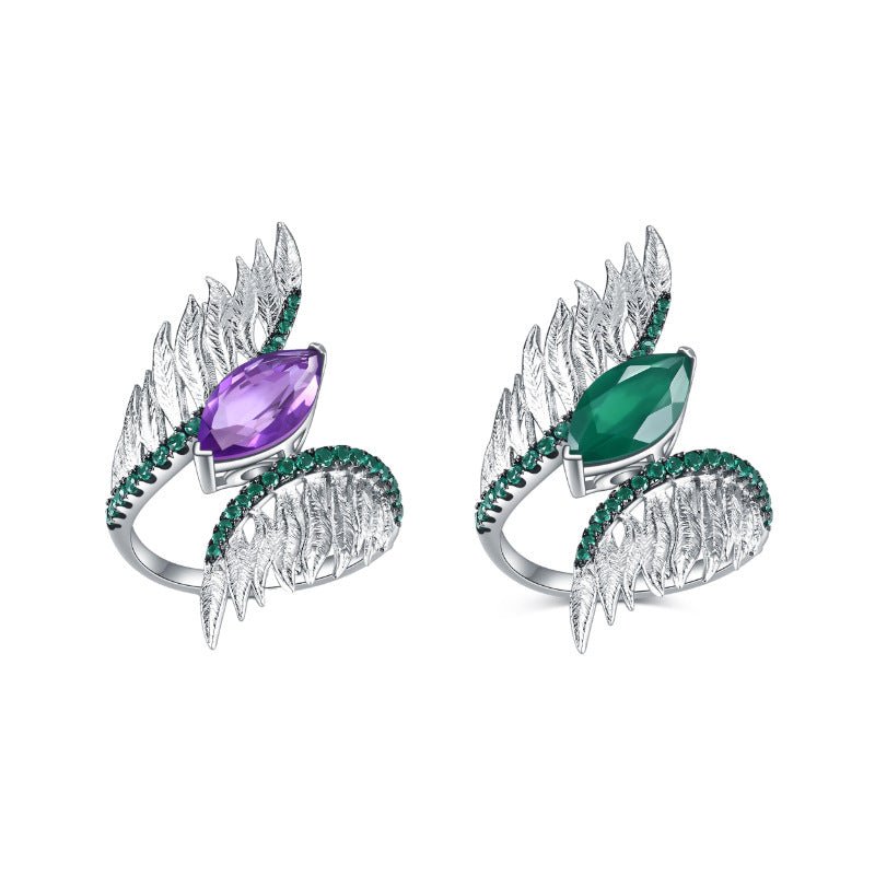 Angel Wing Ring 925 Sterling Silver | Amethyst & Green Agate Vintage Designer Ring