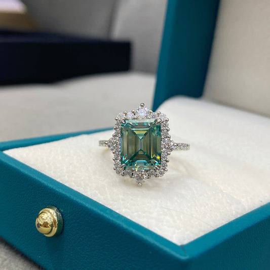 Aqua Teal Moissanite Engagement Ring Emerald Cut 925 Silver Halo Ring
