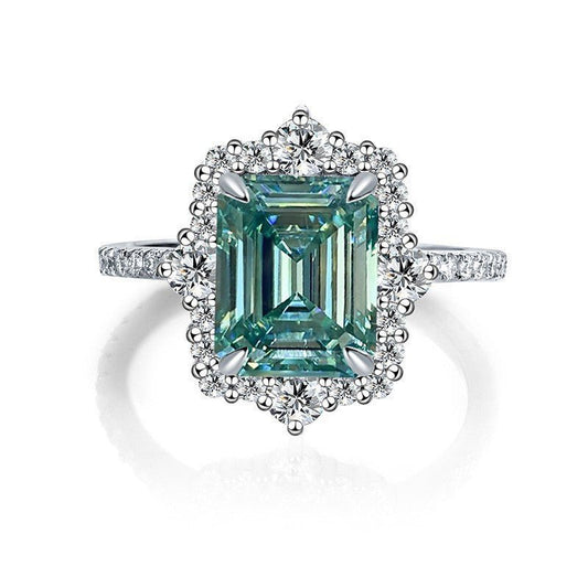 Aqua Teal Moissanite Engagement Ring Emerald Cut 925 Silver Halo Ring
