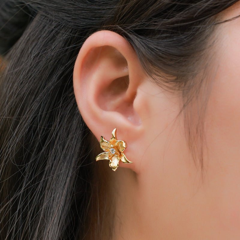 Artisan Textured Bloom Studs, 3D Flower Earrings in Brushed Sterling Silver