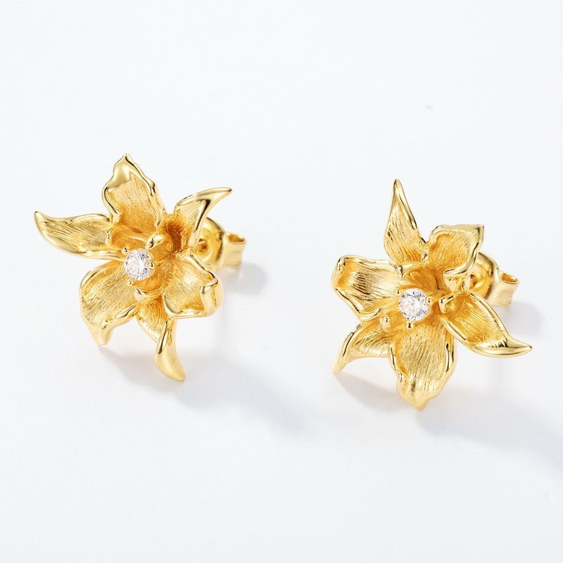 Artisan Textured Bloom Studs, 3D Flower Earrings in Brushed Sterling Silver