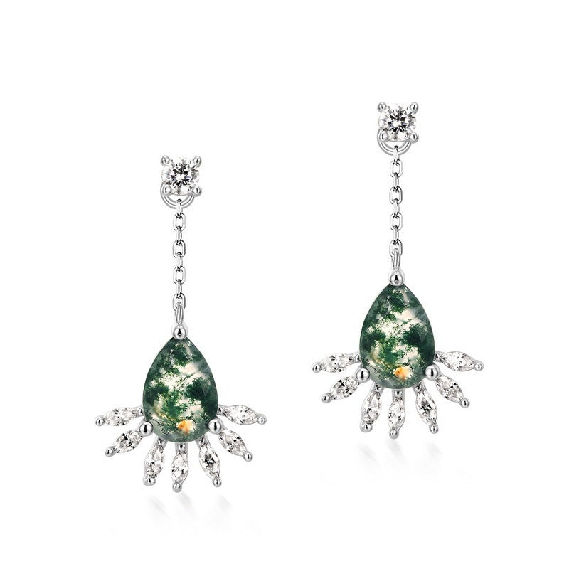 925 Silver Green Moss Agate Earrings For Women
