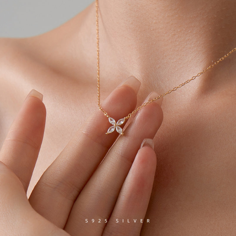 Marquise Flower Necklace, Sterling Silver Dainty Flower Pendant, Adjustable Layering Necklace, Minimalist Bridal Nacklace