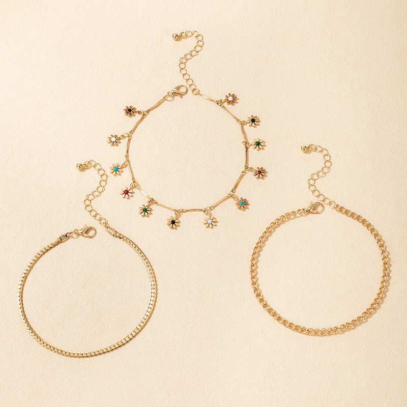 Simple Metal Flower Colorful Rose Pendant Tassel Anklet