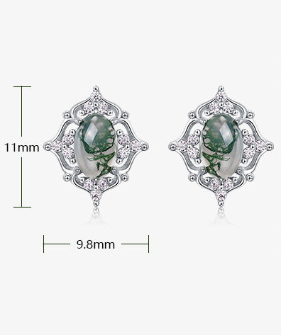 Hollow Pattern Halo Oval Green Moss Agate Stud Earrings 925 Silver Gift for Her