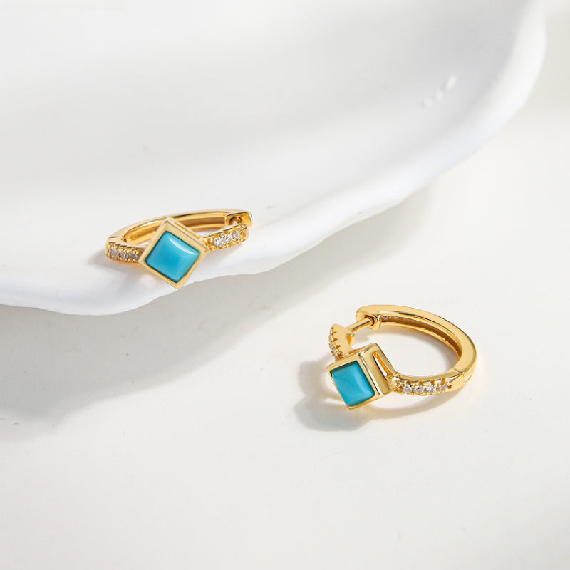 Simple Turquoise Huggie Hoop Earrings, Square Turquoise Sterling Silver Earrings, Gift For Her