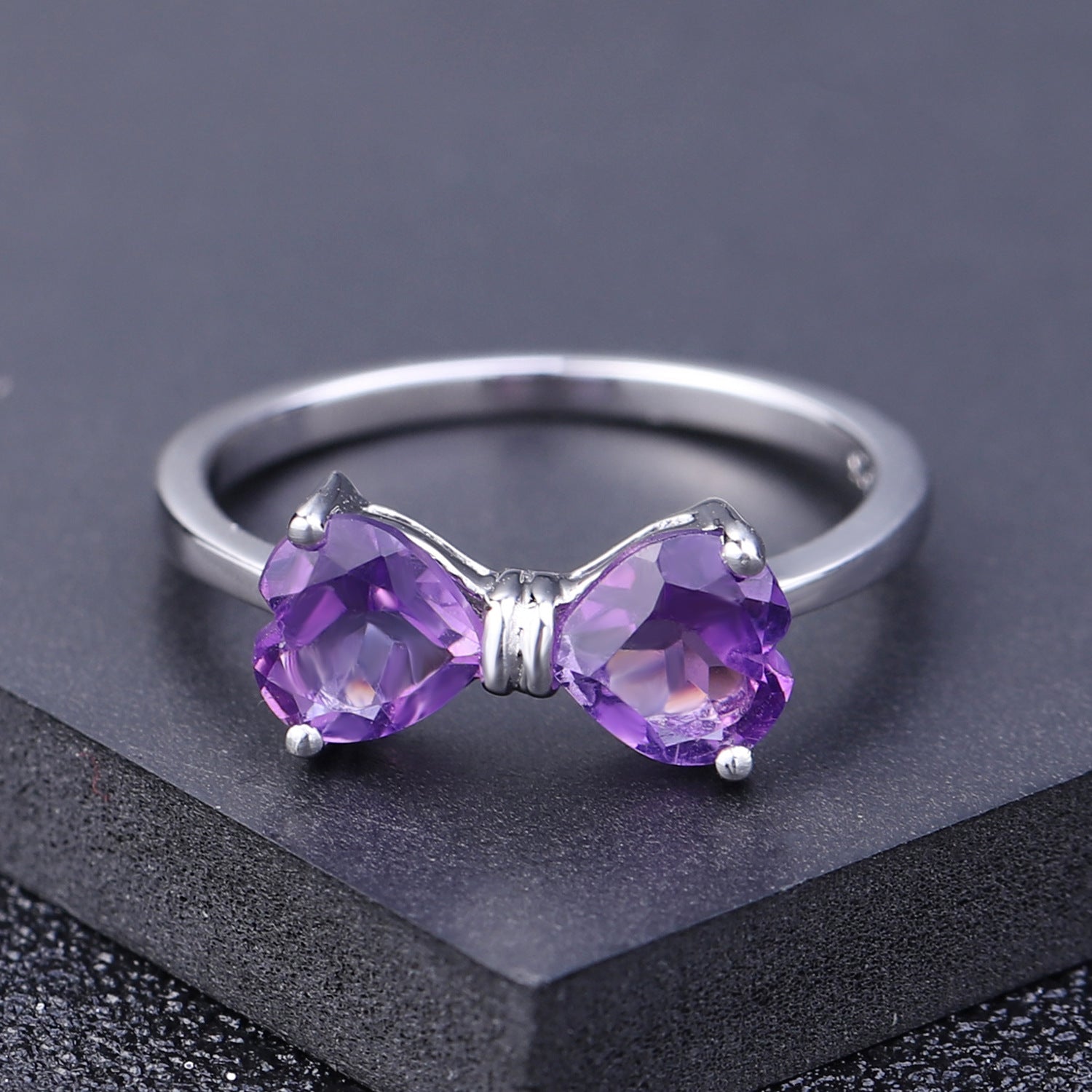 Birthstone Heart Bow Ring - Amethyst, Citrine, Topaz or Garnet in Sterling Silver