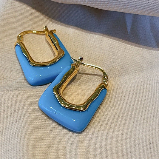 Blue Retro Hoop Earrings Square Dainty Boho Vintage Earrings