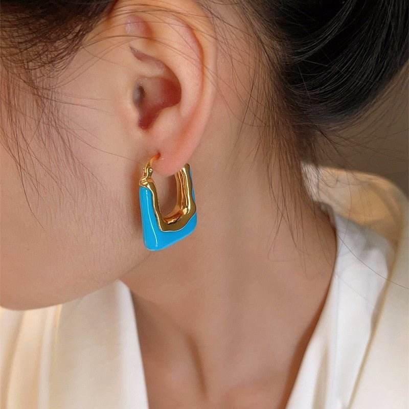 Blue Retro Hoop Earrings Square Dainty Boho Vintage Earrings