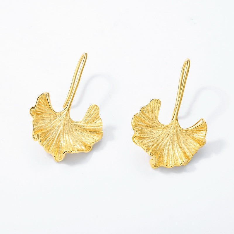 Boho Chic Ginkgo Earrings, Textured Dangle Earrings in Gold Plated Silver